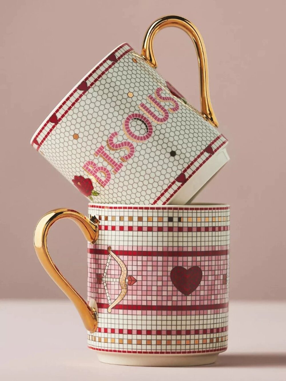 Anthropologie Bistro Tile Stoneware 24k Gold Accent Mug, Valentine Edition - Picture 2 of 4